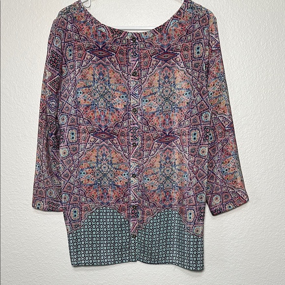 Maeve Anthropologie Pink Blue Geometric Silk Button Back Blouse Top Size 12 - Picture 2 of 6